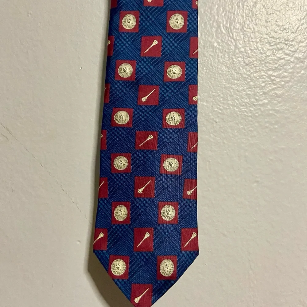 Vintage Chaps Ralph Lauren  Blue and Red Silk Tie with Golf  Motif